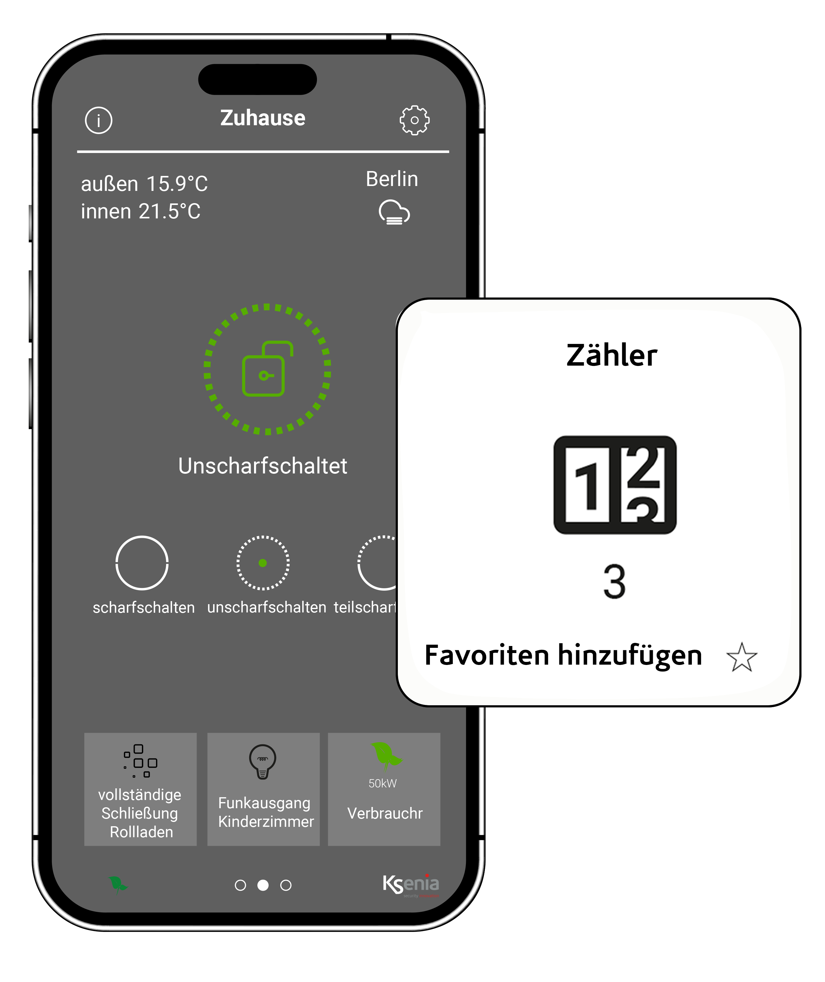 contatore_de Zählerfunktion des Sicherheitsbereichs der lares 4.0-App